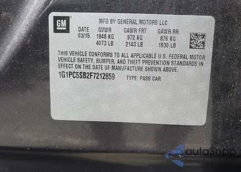 2015 Chevrolet Cruze 1Lt Auto из США, поврежденный, VIN 1G1PC5SB2F7212859